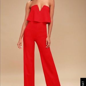 POWER OF LOVE RED STRAPLESS JUMPSUIT by Lulus